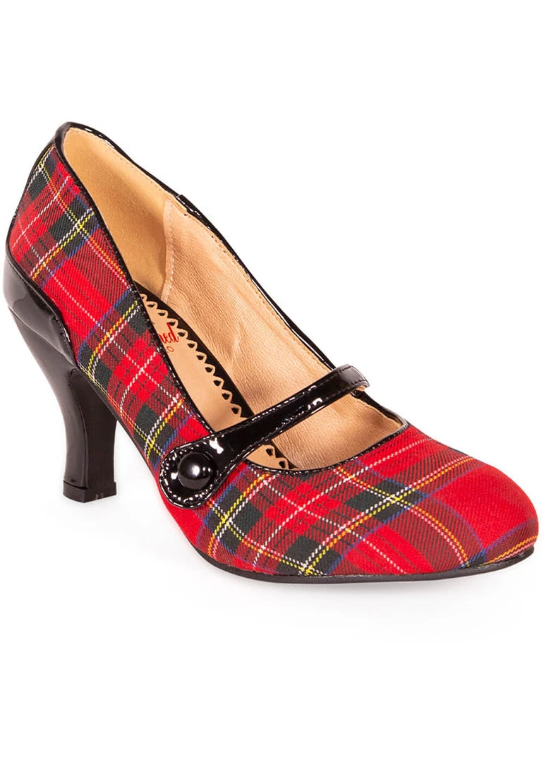 New In Banned Gene 40's Tartan Pumps Burgundy