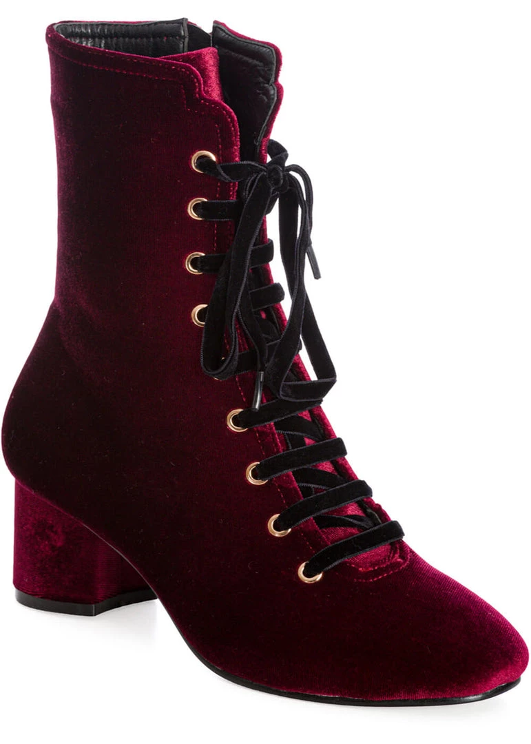 New In Banned It Takes Two Velvet 60's Boots Burgundy