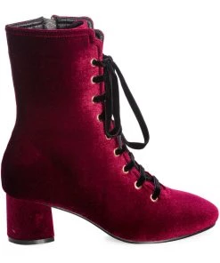 New In Banned It Takes Two Velvet 60's Boots Burgundy