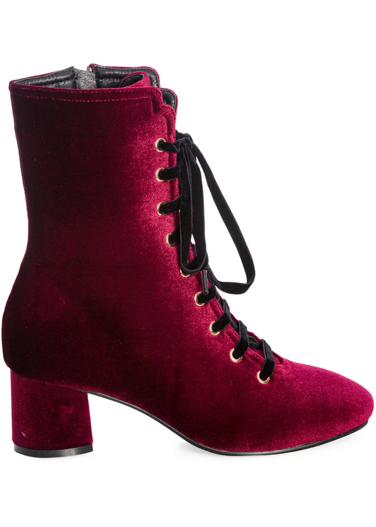 New In Banned It Takes Two Velvet 60's Boots Burgundy