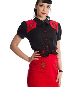 New In Banned Rockabilly Rose 50's Blouse Black