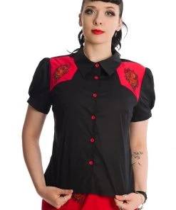 New In Banned Rockabilly Rose 50's Blouse Black