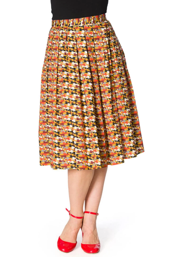 New In Banned Purrrfect Cat 60's Swing Skirt Mustard