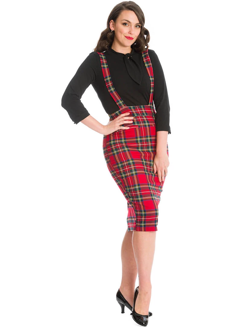 New In Banned Office Queen Tartan 50's Pencil Skirt Red