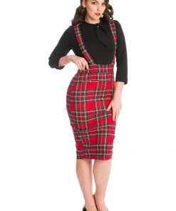 New In Banned Office Queen Tartan 50's Pencil Skirt Red