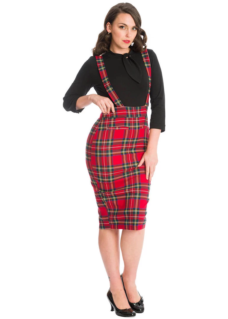 New In Banned Office Queen Tartan 50's Pencil Skirt Red