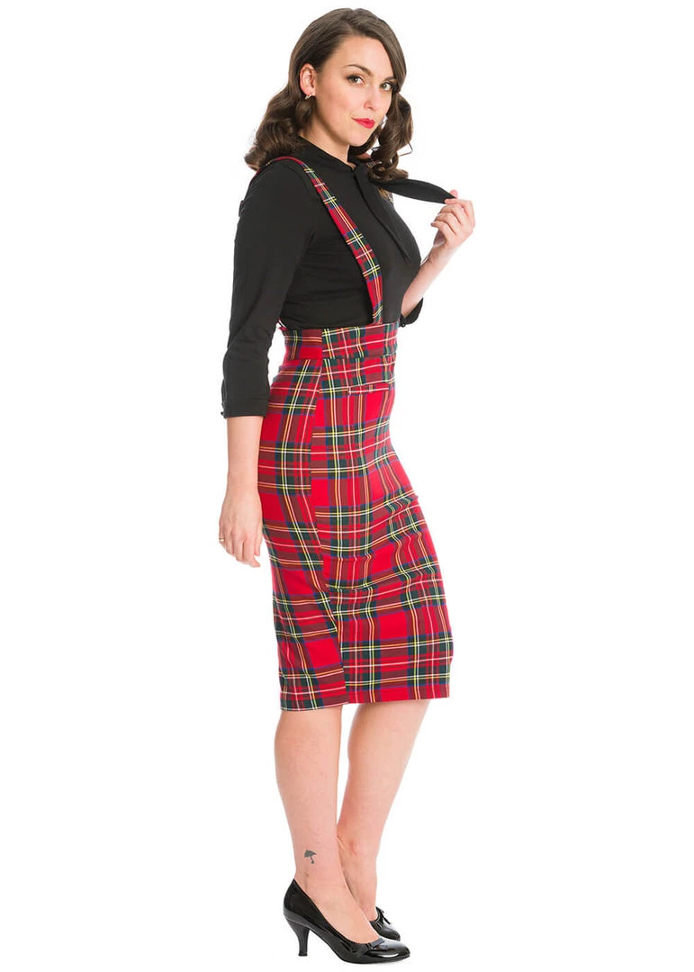 New In Banned Office Queen Tartan 50's Pencil Skirt Red