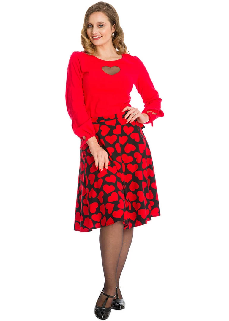 Banned Romance Button Hearts 50's Swing Skirt Red New In