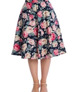 New In Banned Rose Bloom 50's Swing Skirt Navy