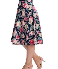 New In Banned Rose Bloom 50's Swing Skirt Navy