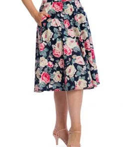 New In Banned Rose Bloom 50's Swing Skirt Navy