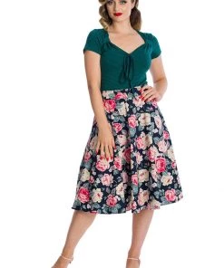 New In Banned Rose Bloom 50's Swing Skirt Navy