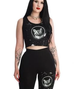New In Banned Space Cat Cropped T-Shirt Black