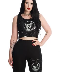 New In Banned Space Cat Cropped T-Shirt Black
