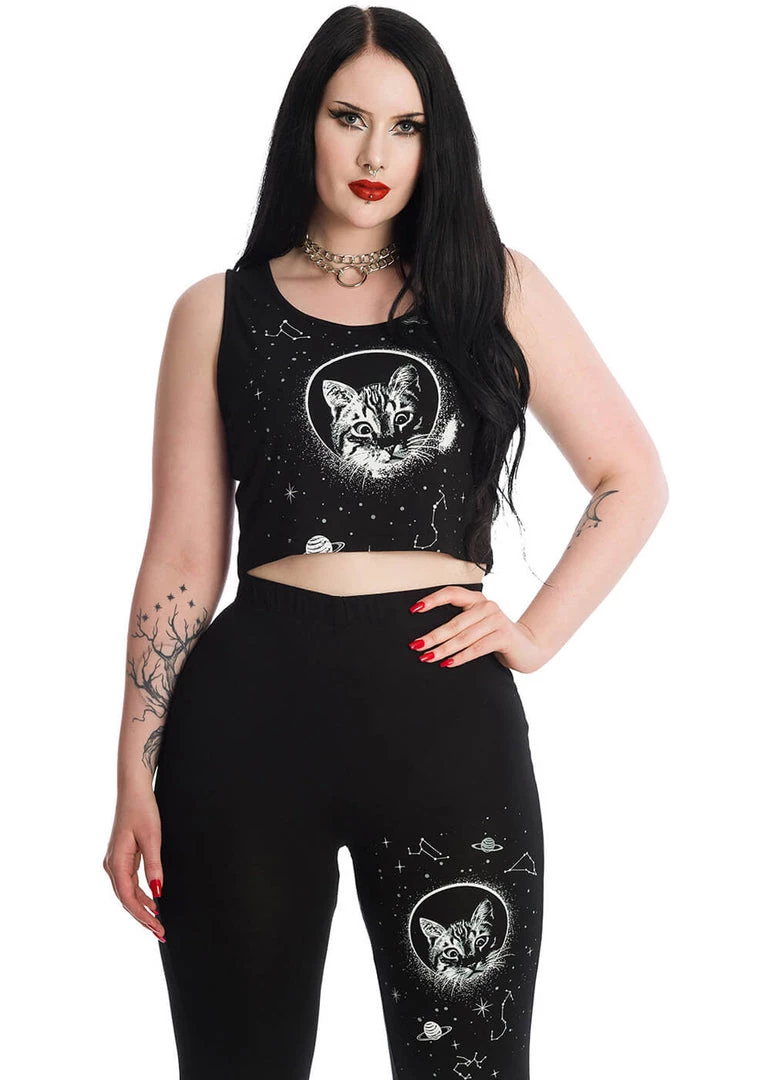 New In Banned Space Cat Cropped T-Shirt Black