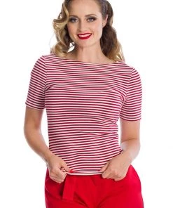 New In Banned Sizzle Stripe 50's Top Red