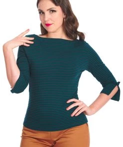 New In Banned Merry Stripe 40's Top Green Navy