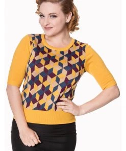 New In Banned Retro Cube 60's Jumper Mustard