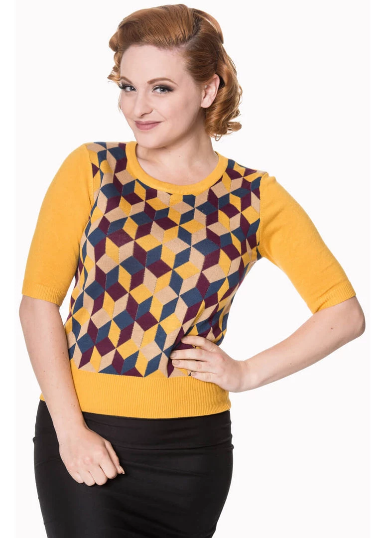 New In Banned Retro Cube 60's Jumper Mustard