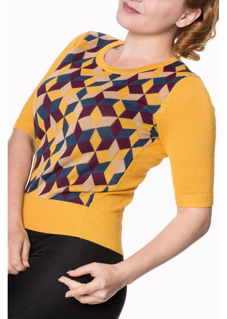 New In Banned Retro Cube 60's Jumper Mustard
