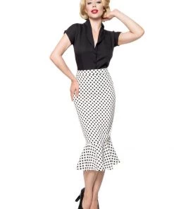 Belsira Wanda Polkadot Fishtail 50's Pencil Skirt White Black