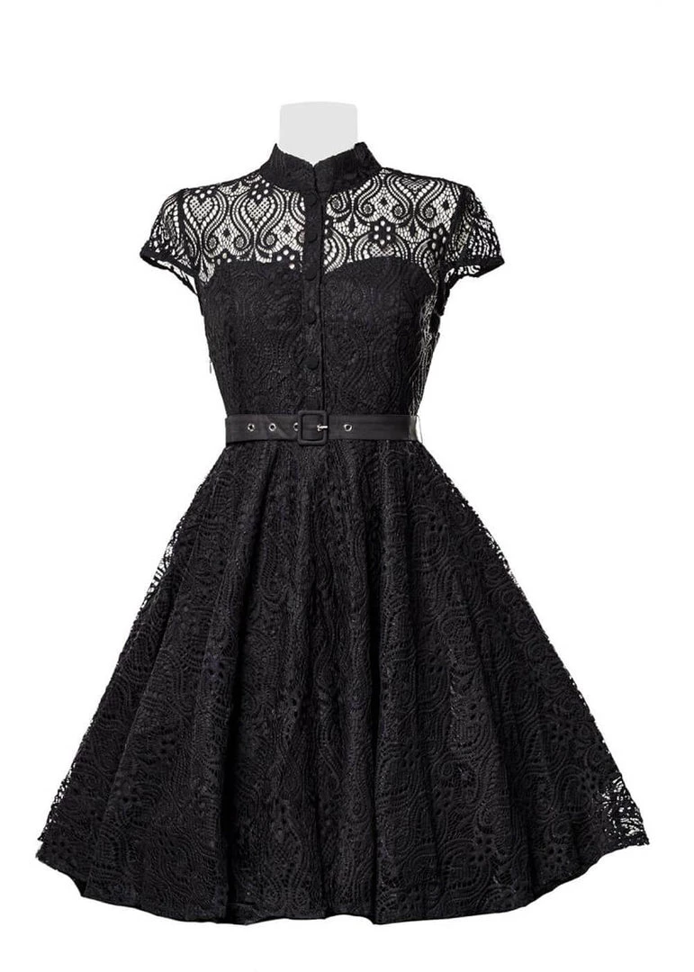 New In Belsira Stella Lace 40's Swing Dress Black