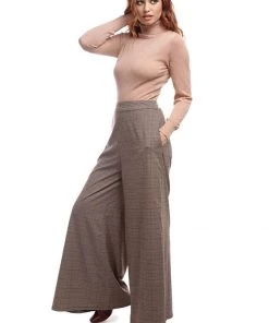 Bright & Beautiful Evelynn Floxlease Check 70's Trousers Brown