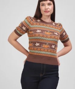Bright & Beautiful Bella Pumpkin Fair Isle 60's Jumper Brown New In