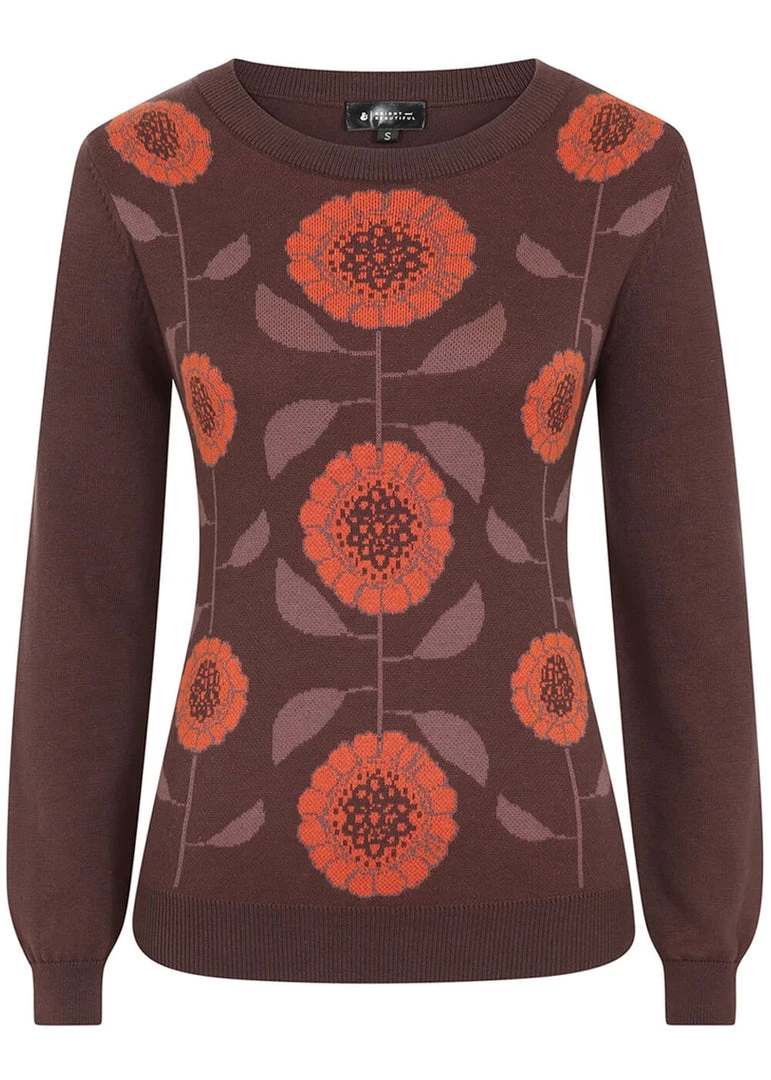 Bright & Beautiful Saffron Groovy Floral 70's Jumper Brown