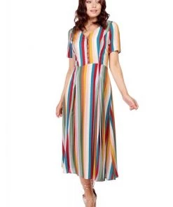 Bright & Beautiful Daisy Deckchair Stripe Rainbow 60's Dress Multi New In