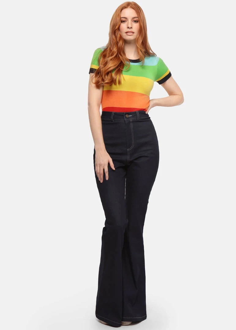 Bright & Beautiful Donna Rainbow Dreamer 70's Flared Jeans Denim Blue New In