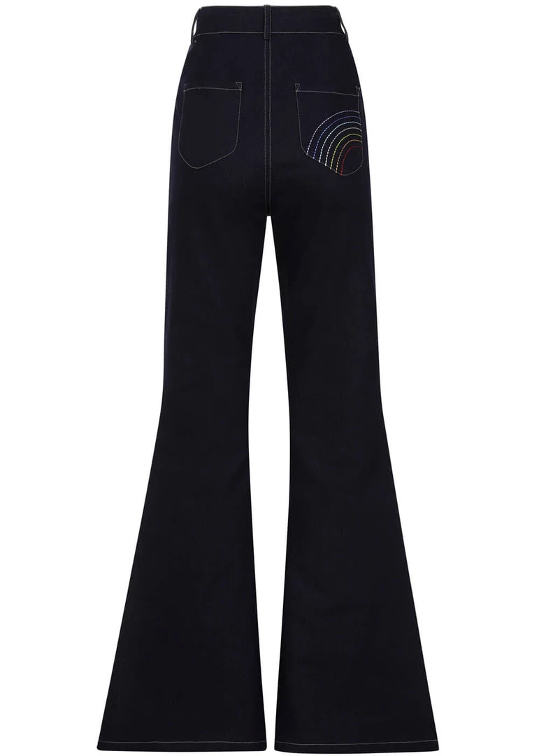 Bright & Beautiful Donna Rainbow Dreamer 70's Flared Jeans Denim Blue New In