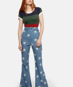 Bright & Beautiful Donna Acid Star 70's Flared Jeans Denim Blue