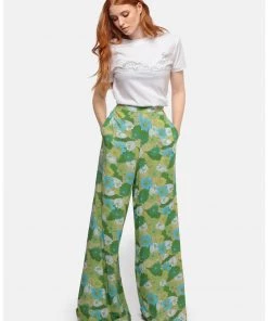 New In Bright & Beautiful Kim Floral Palm 70's Trousers Green