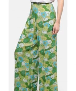 New In Bright & Beautiful Kim Floral Palm 70's Trousers Green