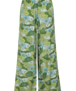 New In Bright & Beautiful Kim Floral Palm 70's Trousers Green