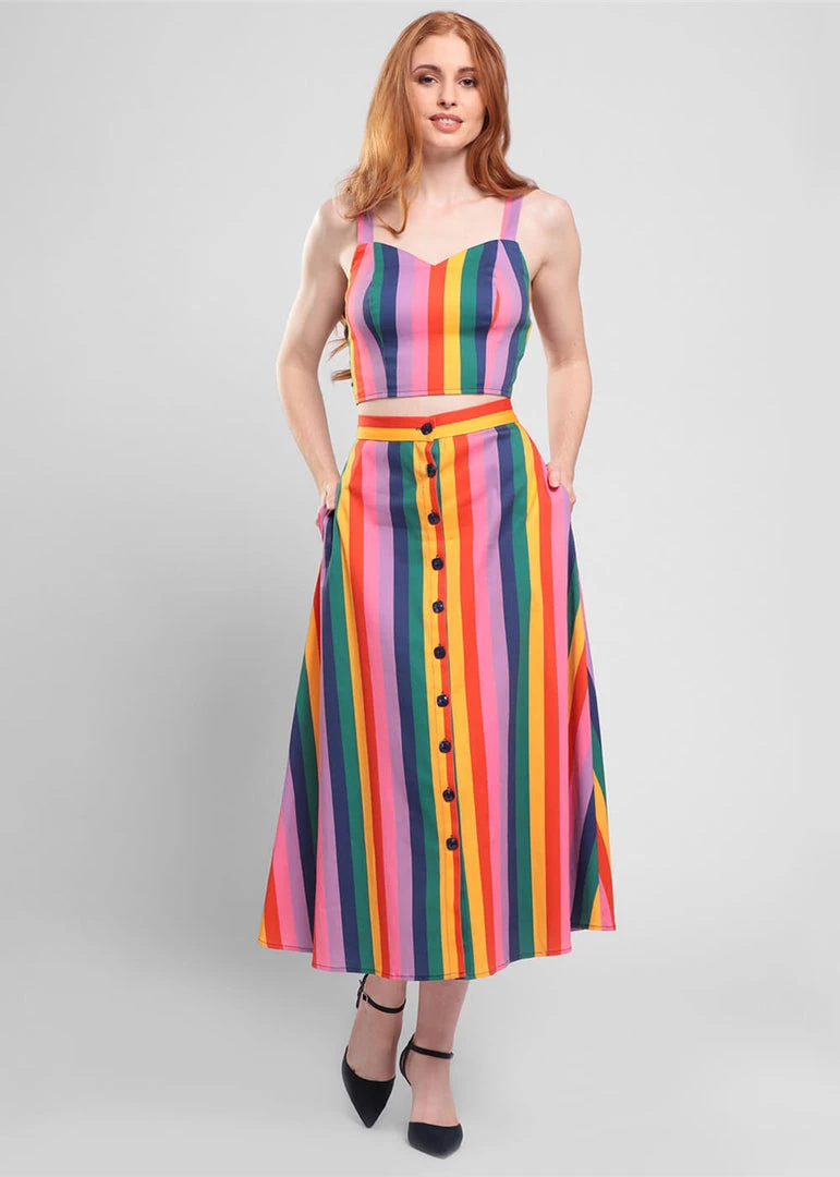 New In Bright & Beautiful Amory Rainbow Wishes Stripe 50's Midi Skirt Multi