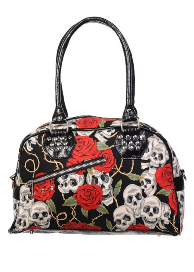 New In Banned Skull & Roses Rockabilly Bag Black Red