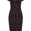 Collectif Dolores Cherry Love 50's Pencil Dress Black New In