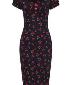 Collectif Dolores Cherry Love 50's Pencil Dress Black New In