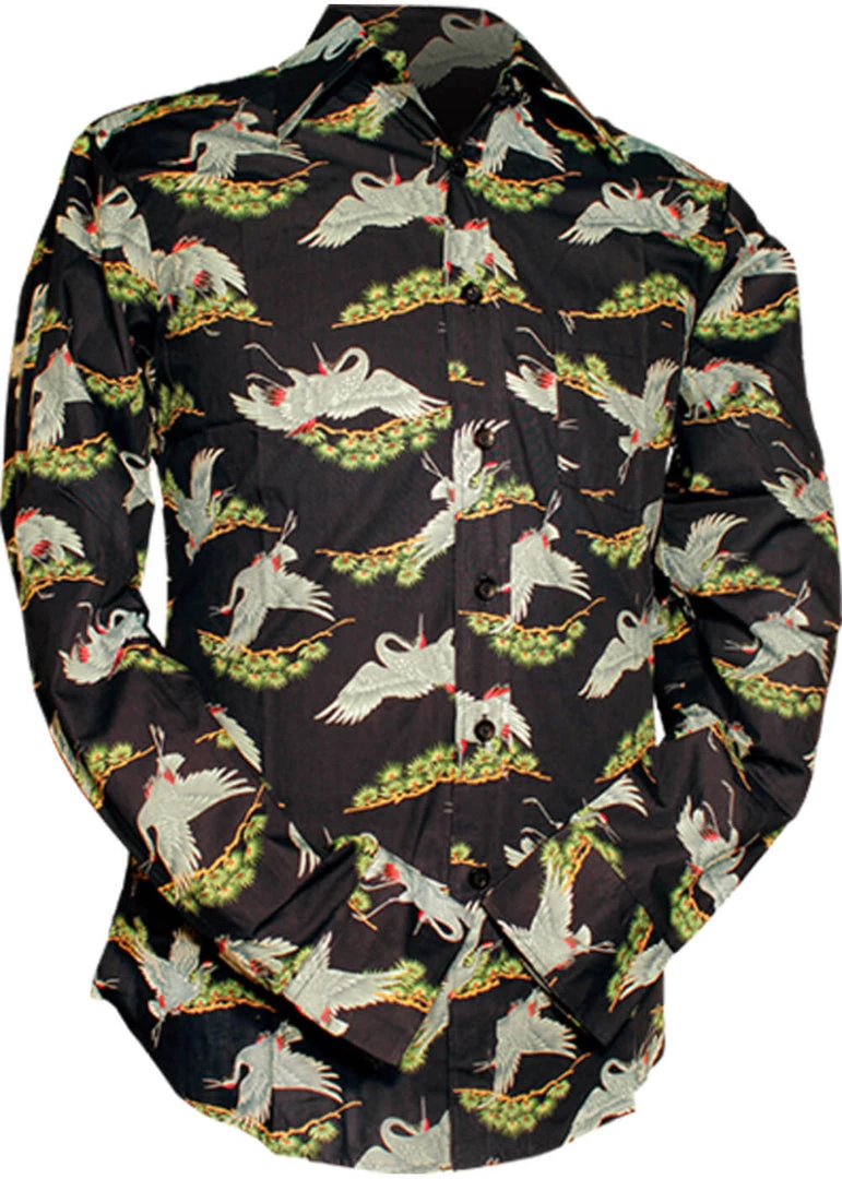 Chenaski Mens Crane Birds 70's Shirt Navy