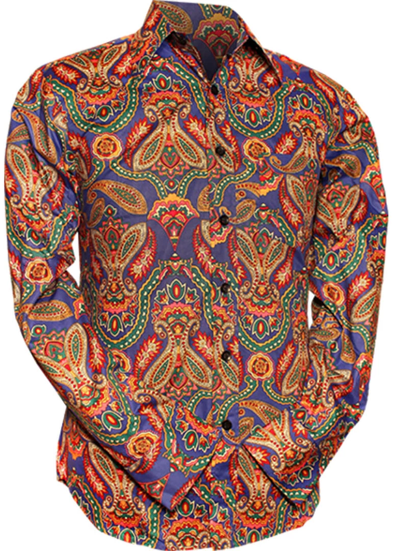 Chenaski Mens Paisley 70's Shirt Blue New In