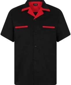 Chet Rock Men Loud Rex 50's Bowling Shirt Black Red