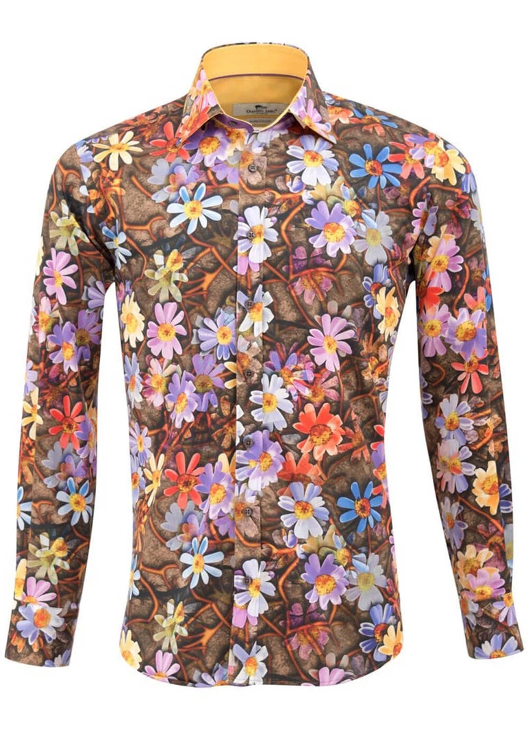 New In Claudio Lugli Mens Autumn Diasy Shirt Brown