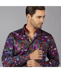 New In Claudio Lugli Mens Neon Music Lights Shirt Black