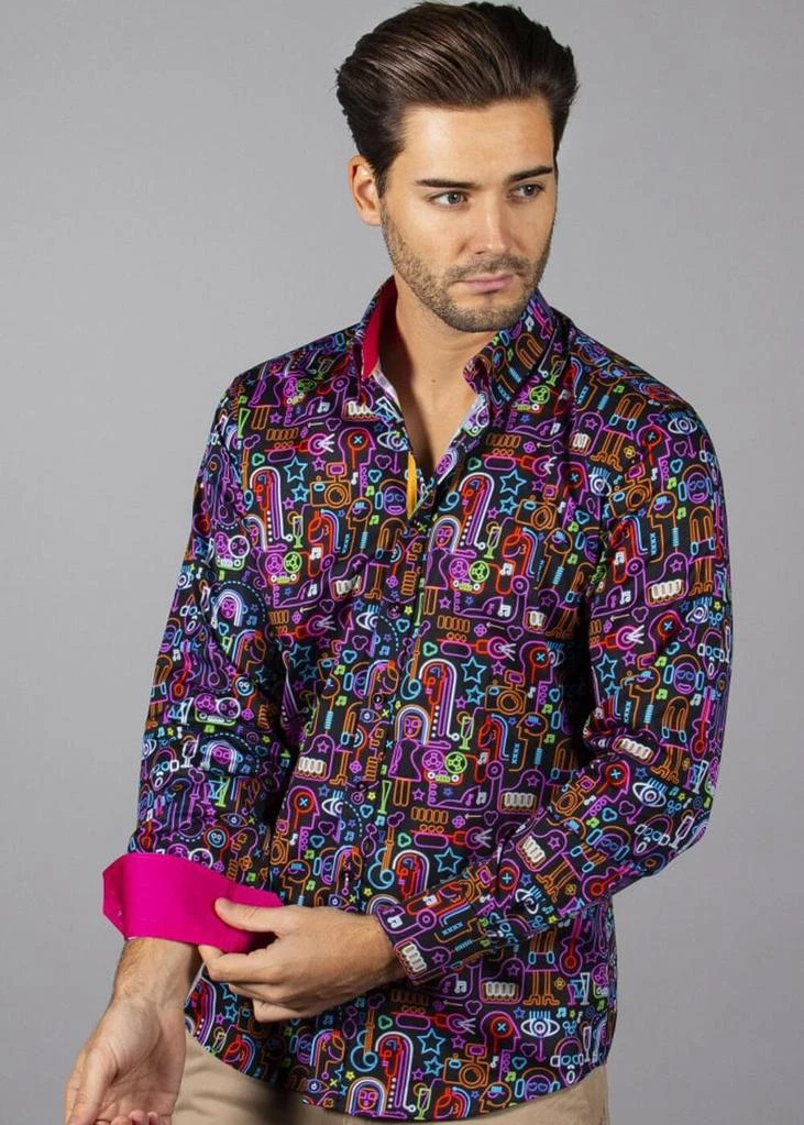 New In Claudio Lugli Mens Neon Music Lights Shirt Black