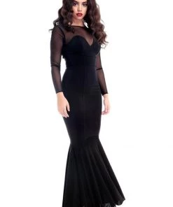 Collectif Morticia Fishtail Maxi Dress Black New In