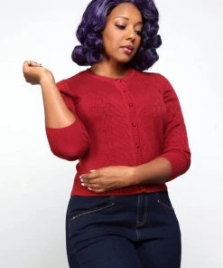 New In Collectif Leah Vintage Leaves 40's Cardigan Burgundy Red