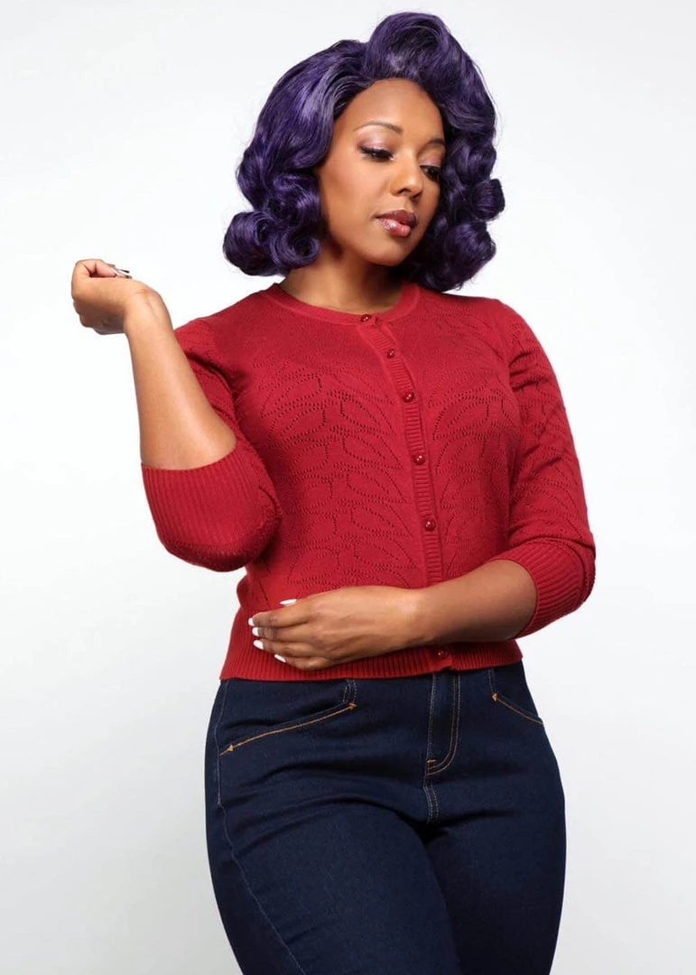 New In Collectif Leah Vintage Leaves 40's Cardigan Burgundy Red