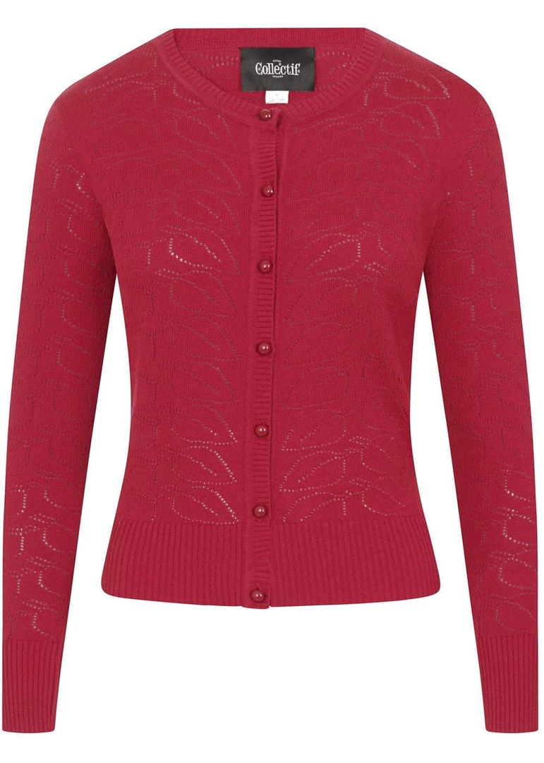 New In Collectif Leah Vintage Leaves 40's Cardigan Burgundy Red